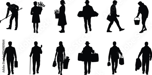 Silhouette people carrying bags, tools, flowers, luggage, shopping, walking, gardening, diverse activities, everyday lifestyle, vector illustration, black silhouettes