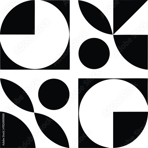 Modern Geometric Abstract Logo with Four Quadrants and Botanical Minimalist Shapes, Minimalist Black and White Contemporary Emblem Featuring Circular and Organic Geometry Vector Illustration