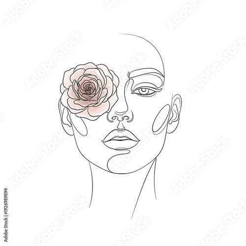Minimalist Female Face One Line Drawing with Pink Rose Flower, Aesthetic Woman Portrait, Modern Botanical Line Art Illustration