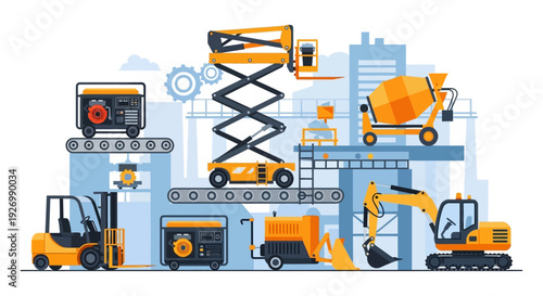 Construction & Industrial Machinery Vector Set: Heavy Equipment on Production Line – Forklift, Excavator, Concrete Mixer, Scissor Lift, Generators