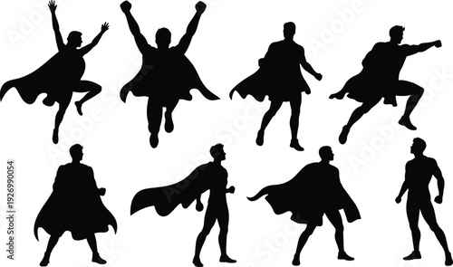 Silhouette superheroes in dynamic poses, capes flying, action stances, heroic figures, comic style illustration, strength, vigilance, power, fantasy concept
