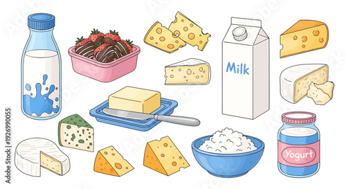 Dairy products and cheese assortment illustration