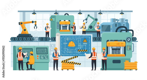 Modern Manufacturing Factory with Engineers, Robotic Arms, and Advanced Automation Technology. Industrial Production and Engineering Planning.