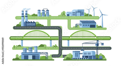 Industrial & Energy Infrastructure Network: Factories, Power Plants, Wind Turbines, Roads, and Bridges in Flat Design Illustration