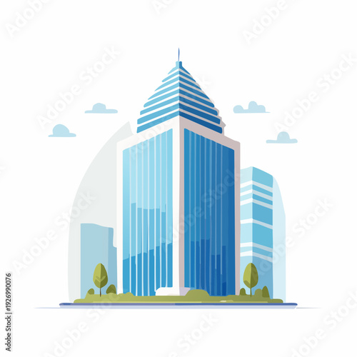 Modern Blue Glass Skyscraper Building Surrounded by Greenery and Clouds