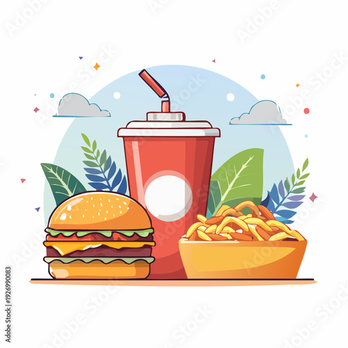 Delicious fast food meal with burger, fries, and soda, perfect for quick lunches and snacks