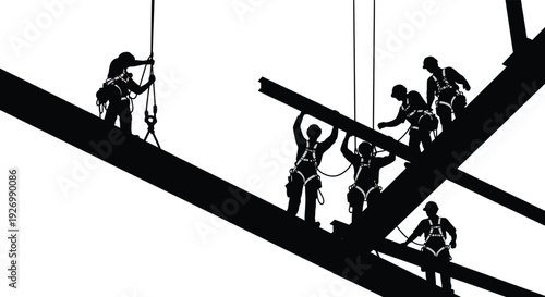 Construction workers assemble a metal framework against a bright white backdrop depicted as a stark silhouette high quality professional detailed modern