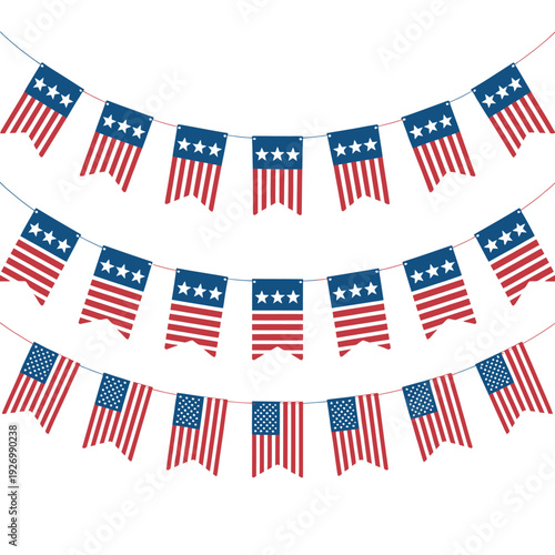 American flags hanging on strings  patriotic decoration  USA  celebration
