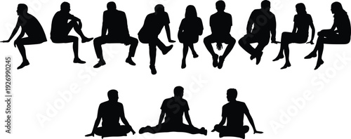 Silhouette people seated in diverse postures, sitting on ground and elevated surface, lifestyle scene, posture diversity, community illustration, human figures