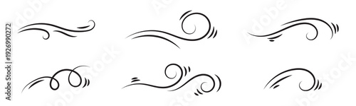 Wind and air flow swirl icons collection in black. Curved lines showing breeze and motion effects