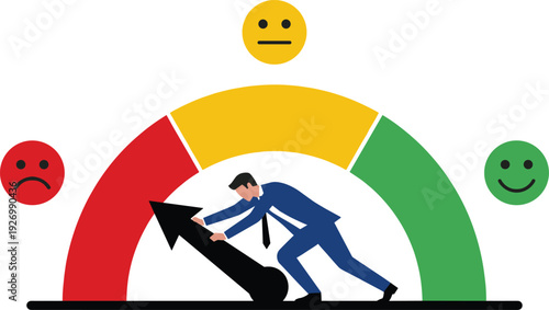 Businessman pushing customer satisfaction gauge needle toward positive feedback improving service quality ratings for survey analytics user experience performance growth concept illustration