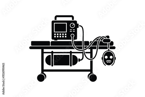 Ventilator Machine Silhouette in Hospital Intensive Care Unit - Life Support Equipment Black and White Silhouette Art