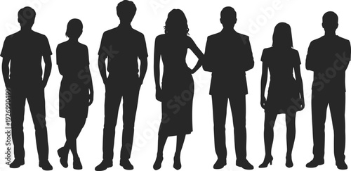 Silhouette group of people standing together, diverse postures, teamwork concept, professional attire, business crowd, diversity illustration, corporate community scene