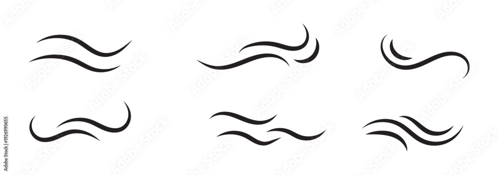 Obraz premium Wind blowing vector set with swirling gusts, weather elements collection isolated on white background, transparent background design, air flow concept illustration