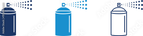 Three spray cans with blue liquid spray aerosol