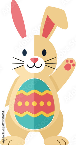 Adorable cartoon easter bunny with colorful egg on its belly waving happily greeting spring