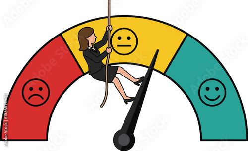 Businesswoman climbing customer satisfaction gauge moving rating needle toward positive feedback emotions for survey analytics performance improvement and service quality management concept