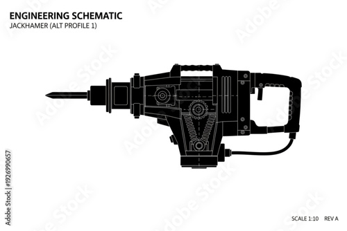 Jackhammer Engineering Schematic: Detailed schematic of a jackhammer, showcasing its intricate design and components