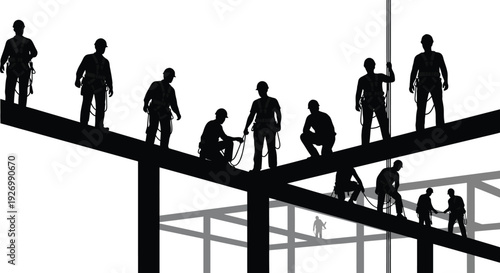 Construction workers are depicted in a striking black silhouette atop steel beams during a building project silhouette high quality professional detailed