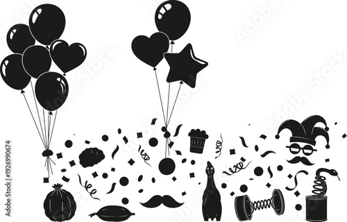 Black and white illustration of balloons and confetti
