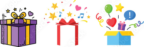 Birthday celebration icons with gift boxes and decorations