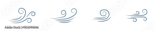 Wind air line effect in doodle style. Hand drawn swirl speed waves, air flow, stormy winds and curve smoke. Set of motion of hurricanes, autumn gusts, and summer breezes, vector illustration.
