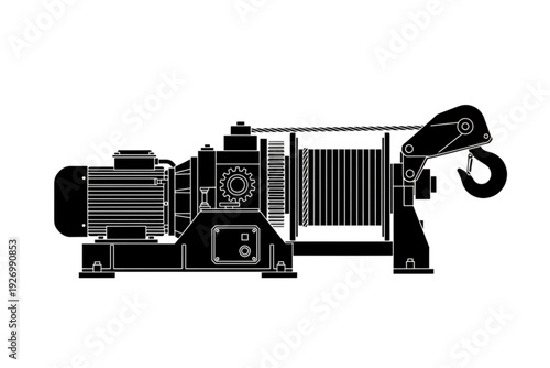 Heavy Duty Winch: An industrial winch, strong and robust, showcases its intricate design and power for heavy-duty applications. Perfect for any industrial, construction, or engineering project.