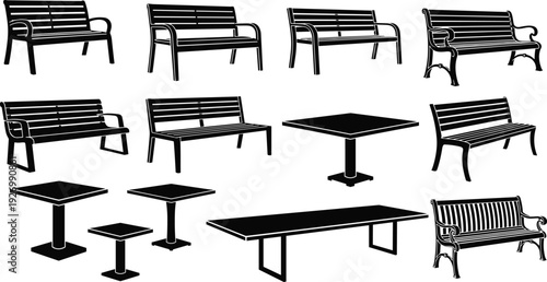 Outdoor park benches and tables silhouettes collection isolated on white background urban street furniture vector illustration set