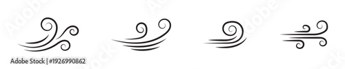 Wind air line effect in doodle style. Hand drawn swirl speed waves, air flow, stormy winds and curve smoke. Set of motion of hurricanes, autumn gusts, and summer breezes, vector illustration.
