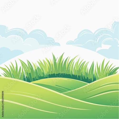 Illustrative view of rolling green hills, lush vibrant grass, and a clear sky with fluffy clouds representing a serene spring landscape