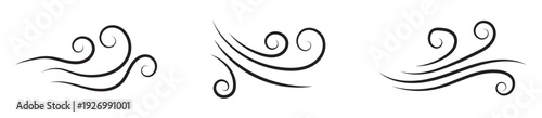 Wind air line effect in doodle style. Hand drawn swirl speed waves, air flow, stormy winds and curve smoke. Set of motion of hurricanes, autumn gusts, and summer breezes, vector illustration.