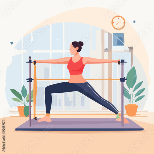 Young woman performing pilates exercises with resistance bands at home gym