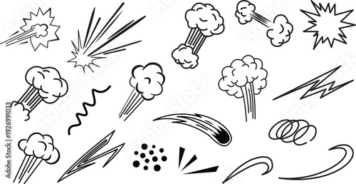 Hand drawn comic burst and impact doodle vector icon set with zap explosion smoke swirl and speed lines on transparent background.
