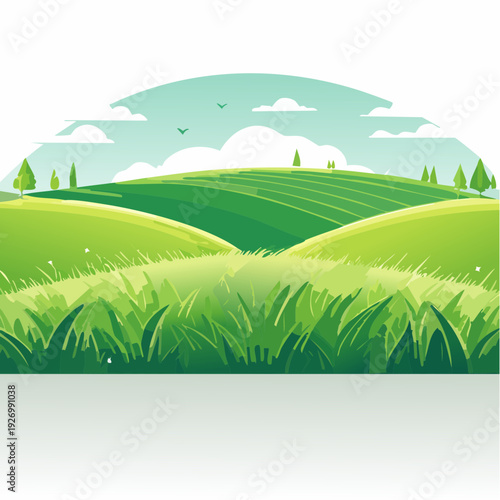 Idyllic summer landscape illustration of rolling green hills and meadows