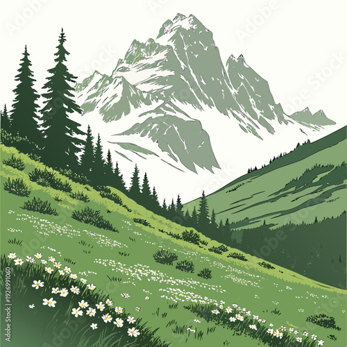 A serene mountain landscape with a green hillside and trees