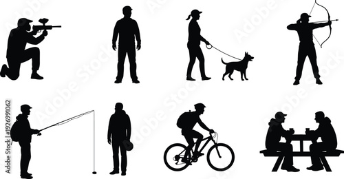 People activity silhouettes set outdoor hobbies including cycling fishing archery dog walking paintball isolated vector illustration lifestyle concept