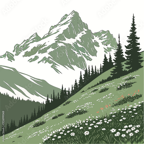 A serene mountain landscape with snow and trees