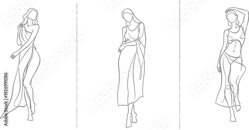 Three sketchy figures in a row abstract line drawings