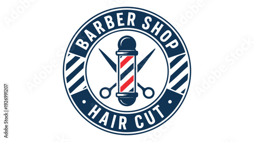 Vintage barber shop logo featuring classic haircut tools and text