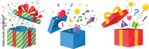 Colorful gift boxes with party decorations and confetti