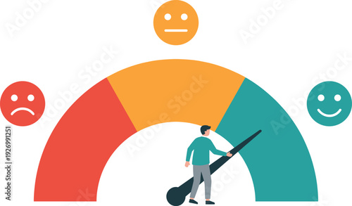 Customer satisfaction gauge illustration with people adjusting rating meter showing negative neutral positive feedback emotions for survey analytics and user experience concept