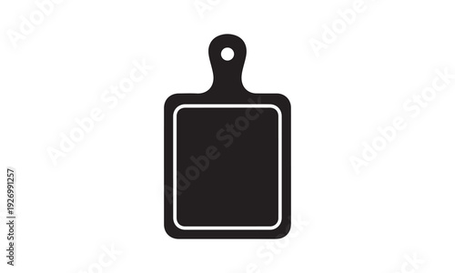 Simple black cutting board icon with handle and white outline on white background