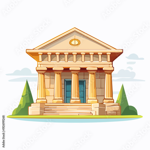 Classic architectural illustration depicting a public building with grand columns and a prominent entrance, symbolizing institutions