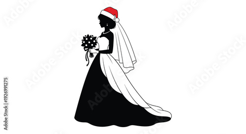 A festive bride wearing a santa hat and veil is depicted in a striking black silhouette high quality professional detailed modern