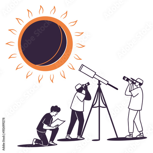 People observing a solar eclipse with telescopes