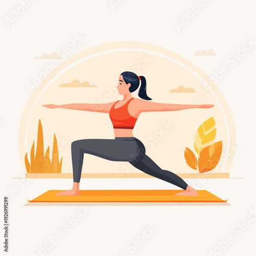 Woman practicing powerful Warrior II yoga pose on a mat, demonstrating strength and balance in a serene, health-focused setting with natural elements