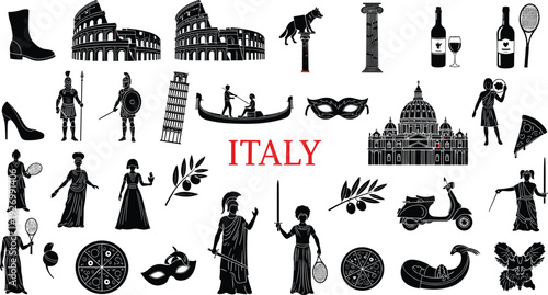 Italy culture icons set, Italian landmarks symbols silhouette collection, Rome architecture food wine art heritage travel tourism illustration