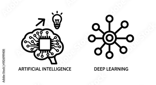 Artificial Intelligence and Deep Learning brain and network icons, representing technology, innovation, and neural networks