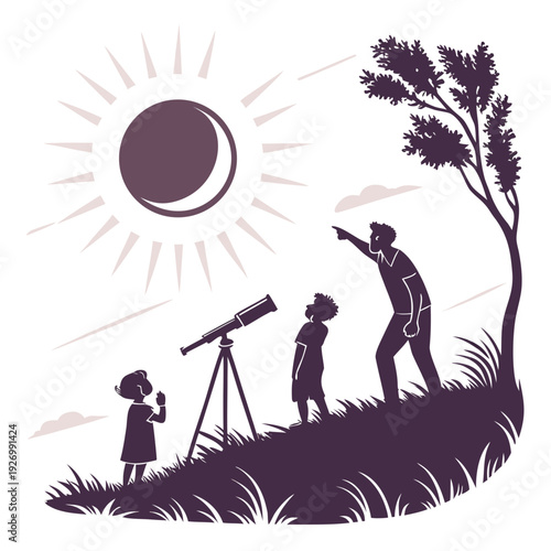 Family observing a solar eclipse with a telescope