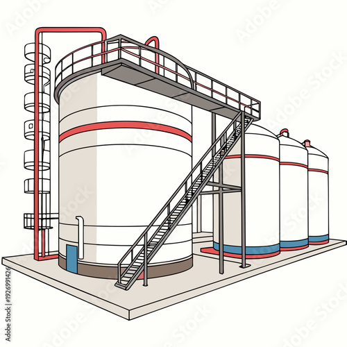 Industrial tanks with piping and walkway